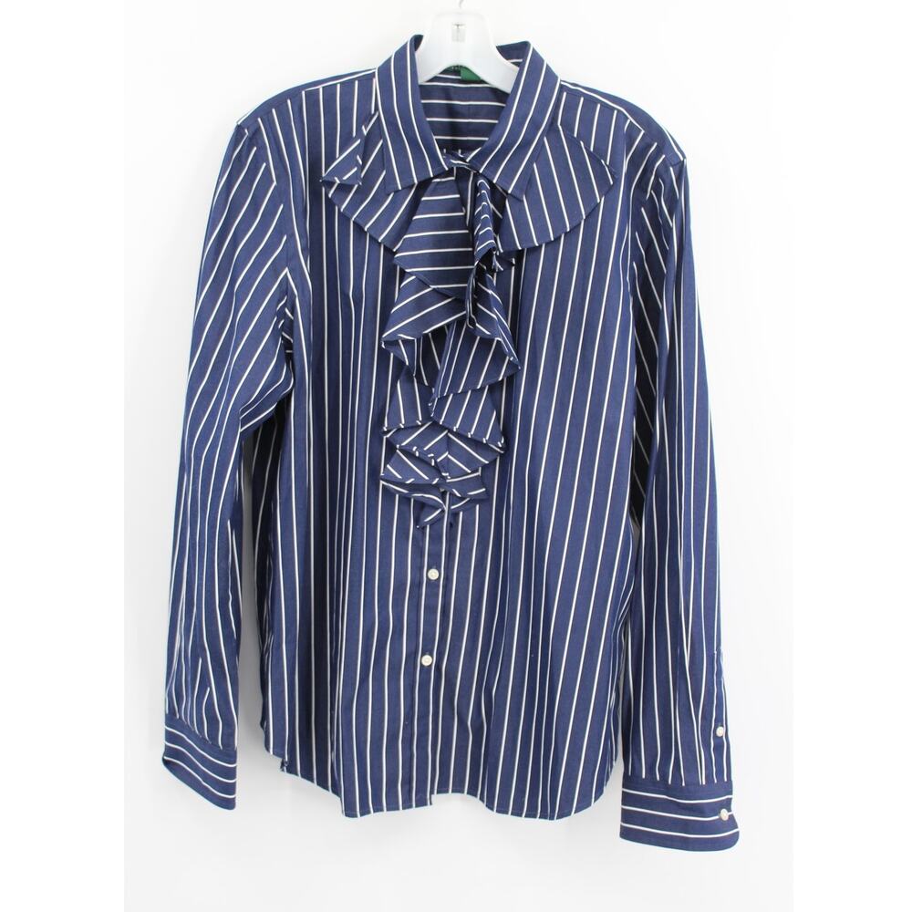 LRL Lauren Ralph Lauren Navy Striped Button Down Ruffle Shirt size XL